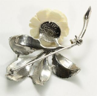 Vintage Art Deco Sterling Silver Enamel Marcasite Carved Flower Brooch Pin 925 3