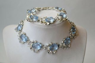 Vintage Necklace,  Earring& Bracelet Set 1950s Large Pale Blue Rhinestones Glamour