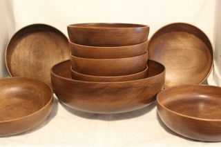 Artisan 9 Pc.  Vintage Woodbury Woodware Vermont Hand Turned Salad Bowl Set