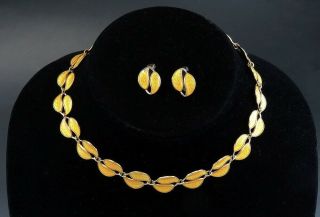 David Andersen Sterling Silver Yellow Enamel Leaf Necklace Earring Jewelry Set