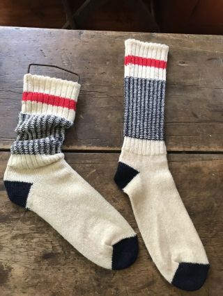 Old Vintage Pair Red White Blue Thick Socks & Metal Sock Stretcher Textile Aafa