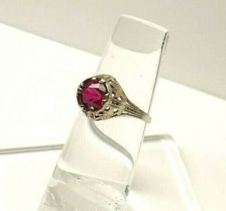 Scrolled 14k White Gold & Ruby Solitaire Art Deco Lady’s Ring Size: 5 - 1/2