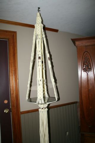 Vintage Macrame Plant Hanger Large With Smoked Glass Base 5 