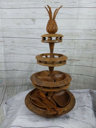 Vintage Carved Monkey Pod 4 Tier Lazy Susan Pineapple Top W Fronds For Spoons
