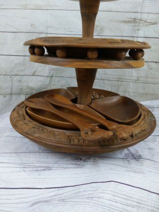 Vintage Carved Monkey Pod 4 Tier Lazy Susan Pineapple Top W Fronds For Spoons 2