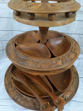 Vintage Carved Monkey Pod 4 Tier Lazy Susan Pineapple Top W Fronds For Spoons 3