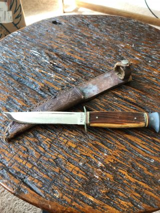 Vintage Early Ka - Bar Usa Fixed Blade Stag Handled Hunting Knife In Sheath