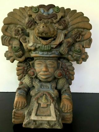 Vintage Aztec Mayan Clay Detailed Raised Relief Maize God Sculpture 11 " Tall