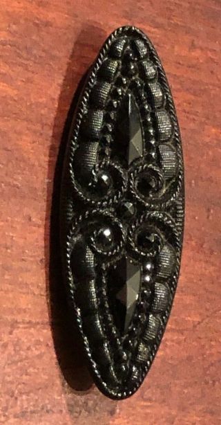 Antique X Large Spindle Shaped Lacy Black Glass Button,  1 3/4 "