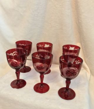 Vintage Egermann Ruby Red Bohemian Czech Art Glass - Set Of 6 Small Wine - 6”