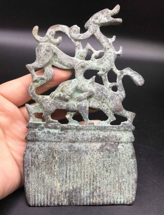 Roman Art Very Antique Old Bronze Comb With Dragon & Wild Animal On Top