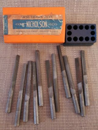Vtg Nicholson Swiss Pattern Files Set Of 11 W/ Plastic Case Usa Made