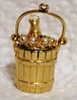 14k Yellow Gold Champagne Wine Ice Bucket Charm Pendant Seed Pearls & Stones 10g