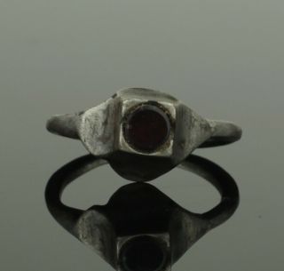 Ancient Medieval Silver Ring With Garnet - Circa 15th C Ad