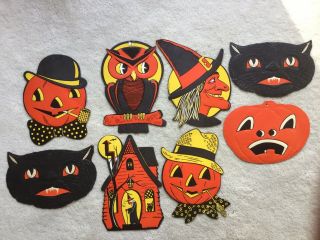 8 Vintage Luhrs Embossed Halloween Decorations,  Witch,  Pumpkin,  Cats,  Owl,  Etc.