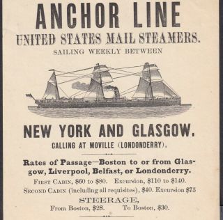 Ny & Boston Anchor Line Steamship United States Mail Steamer Handbill Trade Card