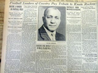 2 1931 Ny Times Newspapers With Death Of Notre Dame Football Coach Knute Rockne