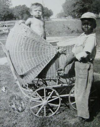 Vintage Photo Baby Boy In Wicker Buggy W/ Cute Little Black African American Boy