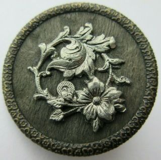 Fabulous Large Antique Vtg Wood Back Metal Picture Button W/ Flowers (j)