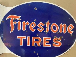 Vintage Firestone Tires Double Sided Porcelain Enamel Sign 21.  5 " X16 " X2 " Flange