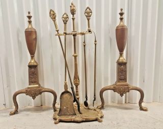 Vtg Antique Art Nouveau Brass Ornate Fireplace Stand Tools W/ Andirons
