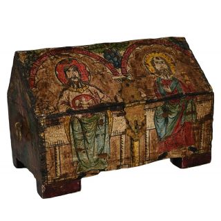 Vintage Wood Box Chest Trunk Hand Painted Religious Folk Art Primitive Spain