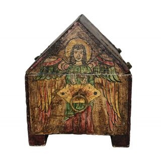 Vintage Wood Box Chest Trunk Hand Painted Religious Folk Art Primitive Spain 3