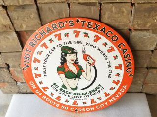 Vintage Texaco Gasoline Porcelain Casino Pinup Girl Service Pump Plate Sign