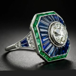 Vintage Art Deco Engagement Ring 2.  8 Ct Diamond & Sapphire 14k White Gold Finish