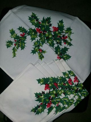 7 Vtg Christmas Napkins - White With Green / Red Holly And Berries - 8 " X 8 1/2 "