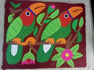 Vintage Panama Ethnic Indian Mola Textile Folk Art Tucan Birds 17 X 14”