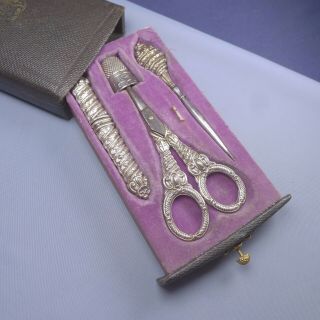 Victorian Silver Plated Sewing Set / Needle Case Scissors Thimble Boxed