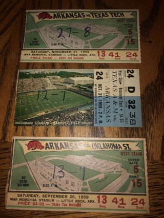 3 1959 Arkansas Razorbacks Vintage College Football Ticket Stubs Texas A&m Tech