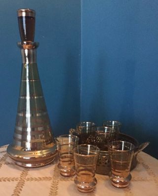 Vtg Mid Century Modern 24k Gold Trim Amber Glass Whiskey Decanter Shot Glass Set