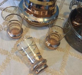 VTG Mid Century Modern 24K Gold Trim Amber Glass Whiskey Decanter Shot Glass Set 3