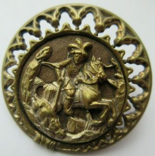 Outstanding Antique Vtg Victorian Metal Picture Button Man On Horseback (h)