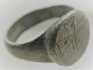 Scarce Ancient Byzantine Crusaders Silver Seal Ring With Cross Motif