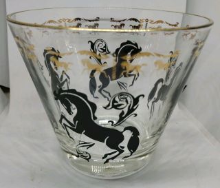 Vintage Mid Century Modern Glass Ice Bucket With Black Horses Gold Trim Design