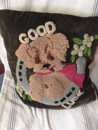 Vintage Punch Needle Embroidered Pillow Good Luck Dog On Brown Velvet
