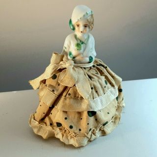 Antique 4.  75 " Porcelain Half Doll Pin Cushion Nippon Japan Painted Green Apple