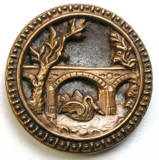 Antique Brass & Steel Button With Swan Swimming Under A Bridge Scene - 1 & 1/16 "