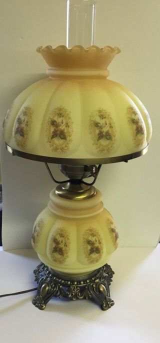 Vintage Fenton Art Glass Lamp Hand Painted Flowers Hurricane Gone With Wind