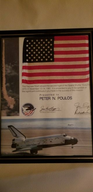 Space Shuttle Columbia Flown Flag,  Nasa Certificate Sts - 2 Artifact - Very Rare