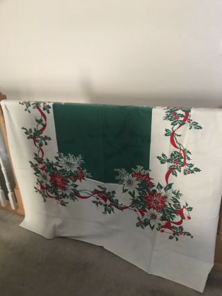 Vintage Cotton Christmas Tablecloth Poinsettias,  Bells,  Holly,  And Ribbon Mcm