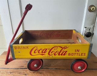 Vintage Yellow Red Coke Coca - Cola Advertising Wooden Bottle Crate Wagon Toy