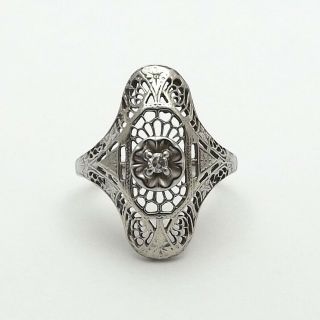 Art Deco 10k White Gold Diamond Accent Filigree Ring Sz 5.  5