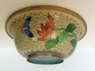 Antique Vintage Chinese Cloisonne Enamel Bowl Chrysanthemums & Butterfly Bowl