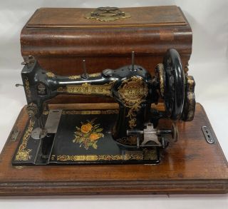 Antique Jones Hand Crank Sewing Machine C.  S.  W/ Case Black With Flowers