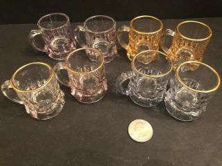 Vintage Set Of 8 Federal Glass Mini Beer Mugs,  Purple,  Blue,  Gold Tints