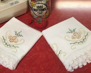 Vintage Embroidered Pillowcases Set Two Flowers Yellow Border Crochet